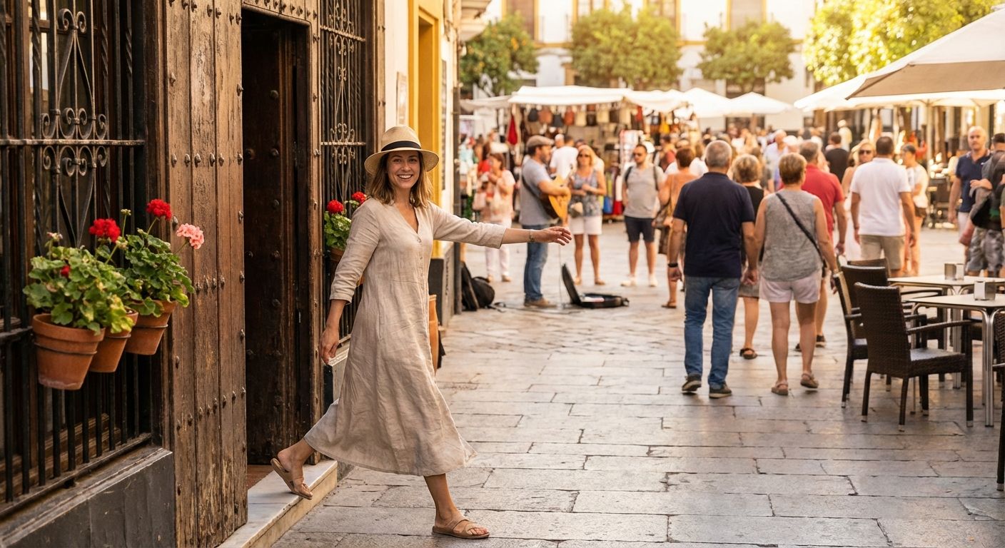 A person confidently stepping out of a classic Spanish doorway onto a bustling, sun-drenched plaza, with a vibrant energy and a sense of possibility. The photo should feel like a candid, authentic moment in a Spanish city.