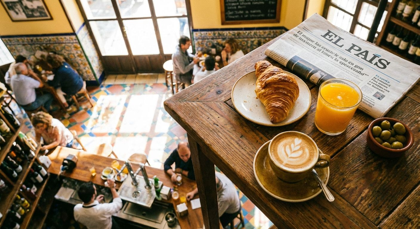 A vibrant, high-angle photograph showcasing a table in a sunlit Spanish café. A `café con leche` in a ceramic cup, a golden `cruasán`, and a glass of fresh orange juice are neatly arranged on a rustic wooden table, with hints of a lively café atmosphere in the background.