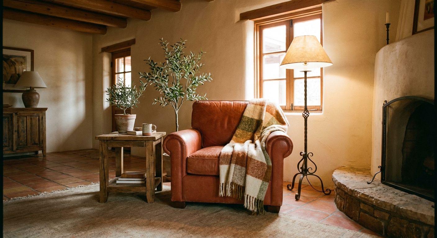 A warm, inviting Spanish-style living room interior, bathed in soft, natural light. Focus on a comfortable armchair with a stylish throw blanket draped over it, a small wooden side table, and an elegant floor lamp, creating a cozy atmosphere.