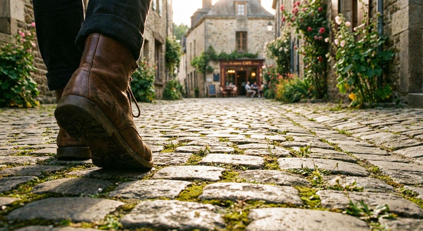A low-angle, close-up photograph of a person's feet taking their first step onto a sun-dappled, ancient cobblestone street in a charming French village. The street gently curves into the distance, inviting exploration, with the warm glow of a distant café hinting at vibrant new experiences.