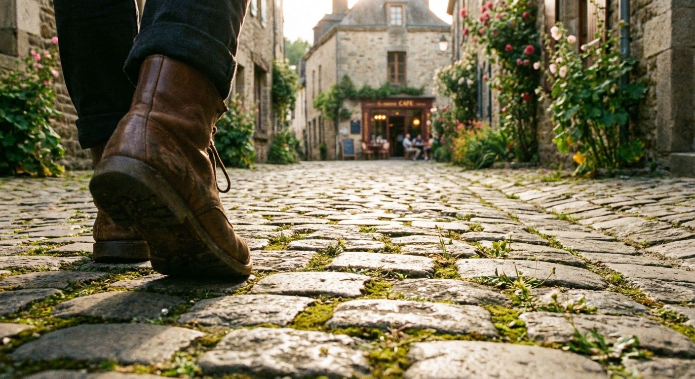 A low-angle, close-up photograph of a person's feet taking their first step onto a sun-dappled, ancient cobblestone street in a charming French village. The street gently curves into the distance, inviting exploration, with the warm glow of a distant café hinting at vibrant new experiences.