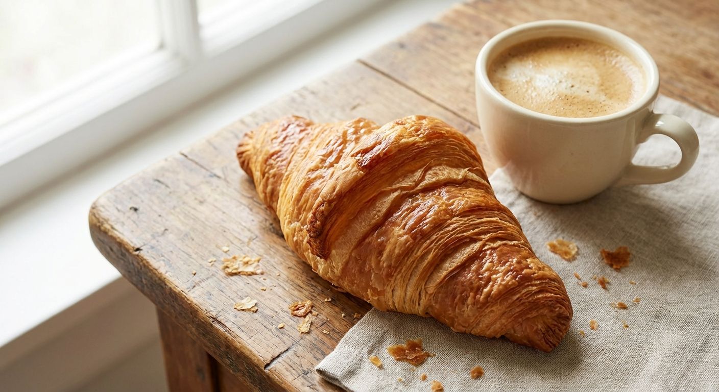 A close-up, high-angle shot of a perfectly crafted croissant on a rustic wooden table, next to a small, elegant café cup. The focus is on the intricate, delicate layers of the pastry, hinting at the subtle, precise layers of French pronunciation. Soft morning light bathes the scene.
