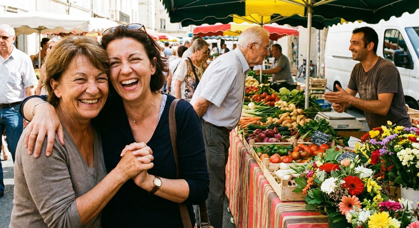 A candid photograph capturing two distinct social interactions in a vibrant French outdoor market: in the foreground, two friends share a warm, casual greeting; in the background, a customer politely addresses a vendor across a colorful produce stall. Emphasize the subtle differences in their body language and expressions.
