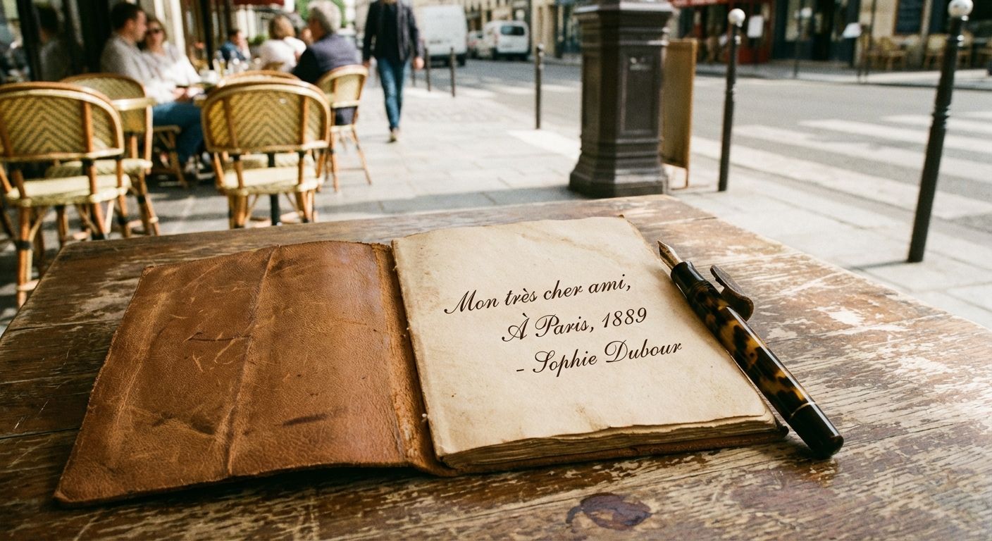 A top-down photograph of an antique leather journal open to a page with elegant cursive French writing, perhaps a name or a greeting, on a weathered wooden table. A vintage fountain pen rests beside it, with the warm, soft focus of a sunlit Parisian cafe in the background.