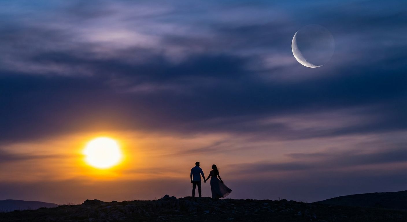 A striking photograph of a bright, golden sun and a soft, silver crescent moon, artfully juxtaposed against a deep twilight sky, symbolizing the complementary duality of masculine and feminine.