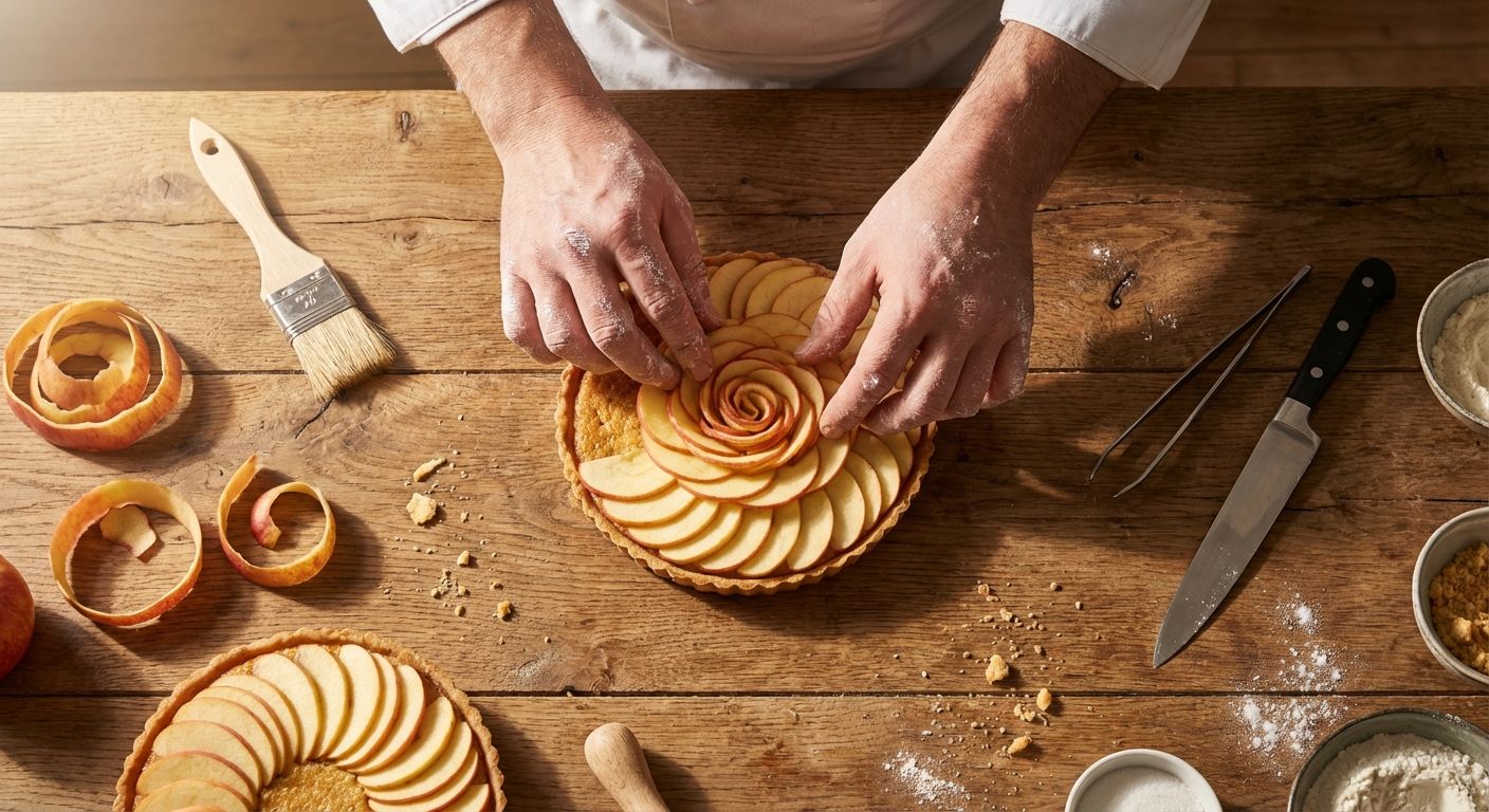 A close-up, top-down photograph of a French patissier's hands delicately arranging components of an elegant apple tart on a rustic wooden table. Soft, warm morning light illuminates the precise work, evoking a sense of careful construction and artistry.