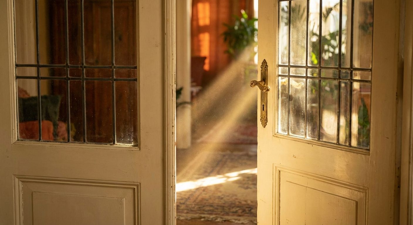 A close-up photograph of an elegant, slightly ajar French door, revealing a glimpse of a brightly lit, inviting space beyond. A soft beam of sunlight streams through the opening, creating a sense of gentle inquiry and anticipation.