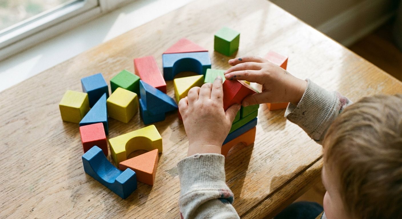 A close-up, high-angle photograph of a child's hands playfully arranging a small collection of colorful wooden blocks on a smooth, light-colored surface. The scene is bathed in soft, natural light, conveying a sense of gentle learning and discovery.