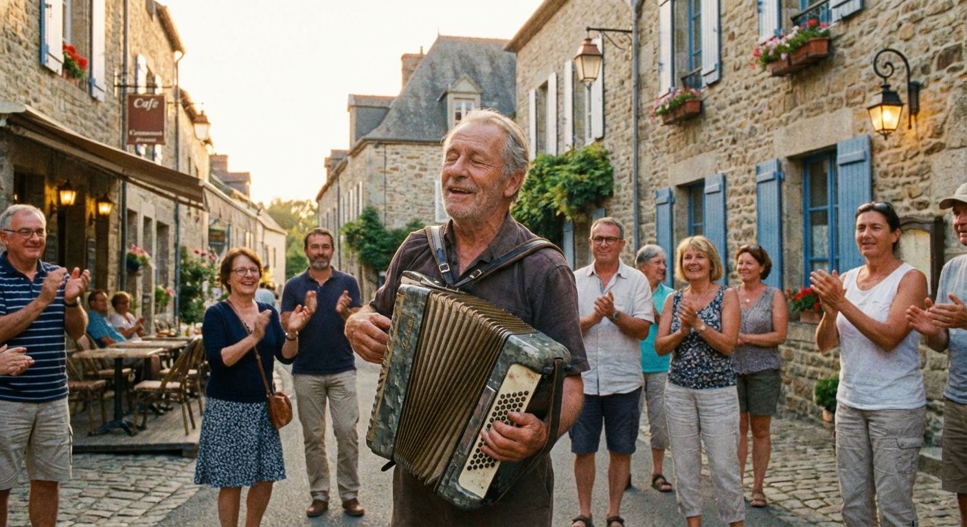 A warm, inviting photograph of a street singer performing with an accordion on a cobblestone street in a charming French village, with a small, appreciative crowd gathered around. The scene captures the essence of communication and shared experience through expressive sound.