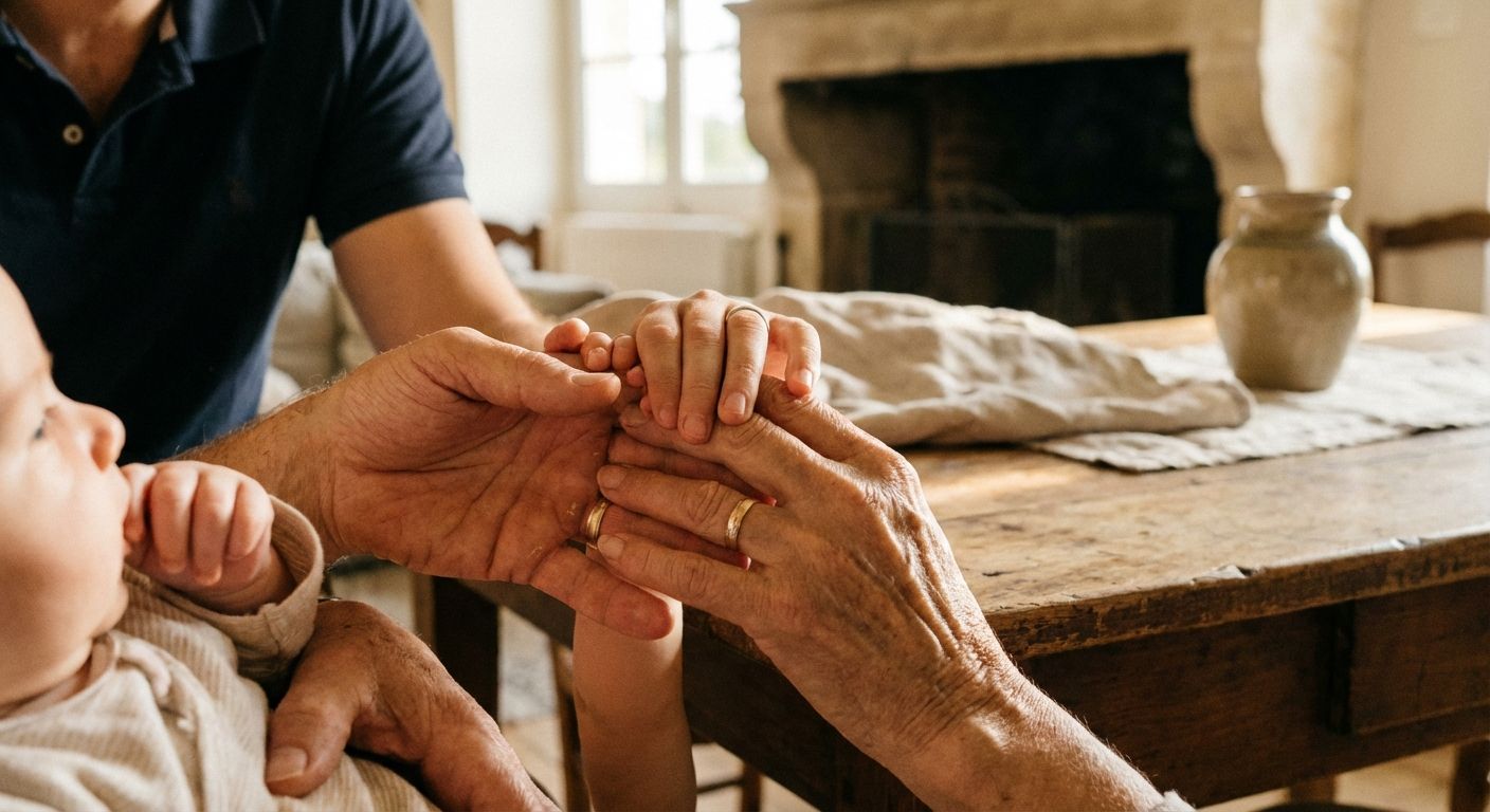 A warm, close-up photograph of several generations of hands gently touching, conveying connection and belonging. The scene is bathed in soft, natural light, with a subtle hint of a classic French home interior in the blurred background.