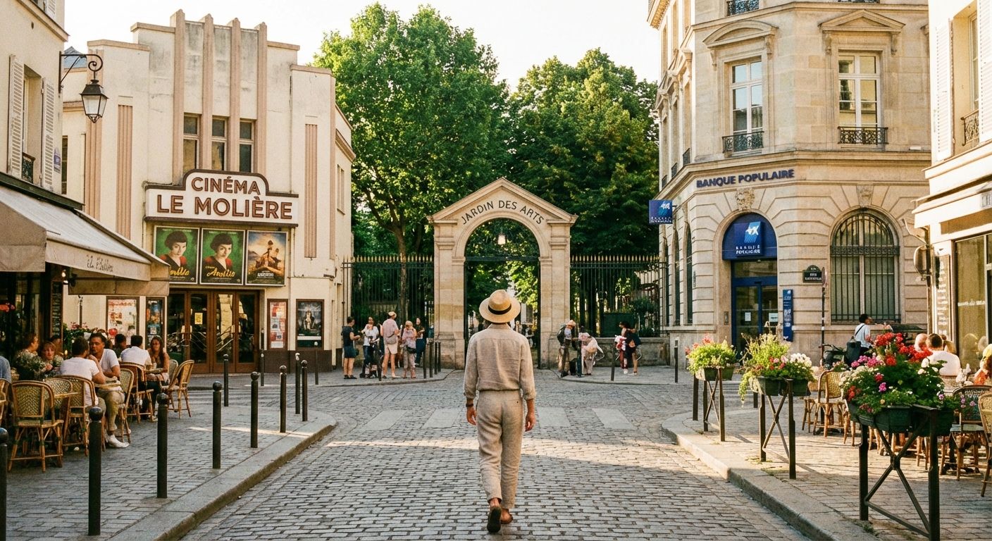 A vibrant, sun-drenched photograph of a charming street in a French town, with a person walking away from the camera, heading towards a mix of classic buildings like a cinema, a bank, and a visible entrance to a park.