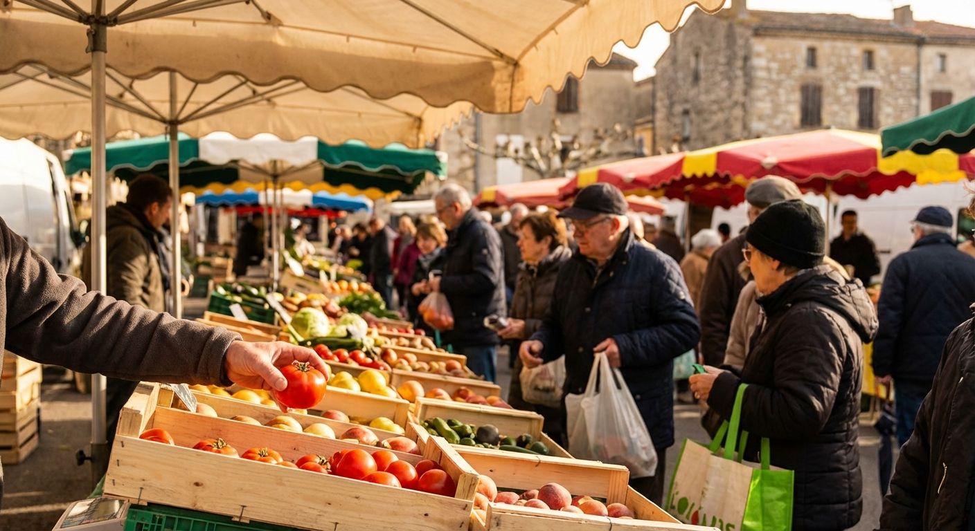 A candid, sun-drenched photograph of a bustling outdoor French market, with a hand reaching out to select a vibrant piece of fruit from a colorful stall. The scene captures the essence of everyday activities and the arrival of shoppers, with a soft-focus background of other market-goers and fresh produce.