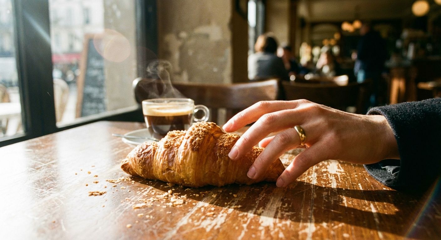 A close-up, warm photograph of a hand gently reaching for a golden, flaky croissant on a worn wooden table in a sunlit Parisian café, with a steaming espresso cup nearby, conveying a sense of desire and quiet possibility.