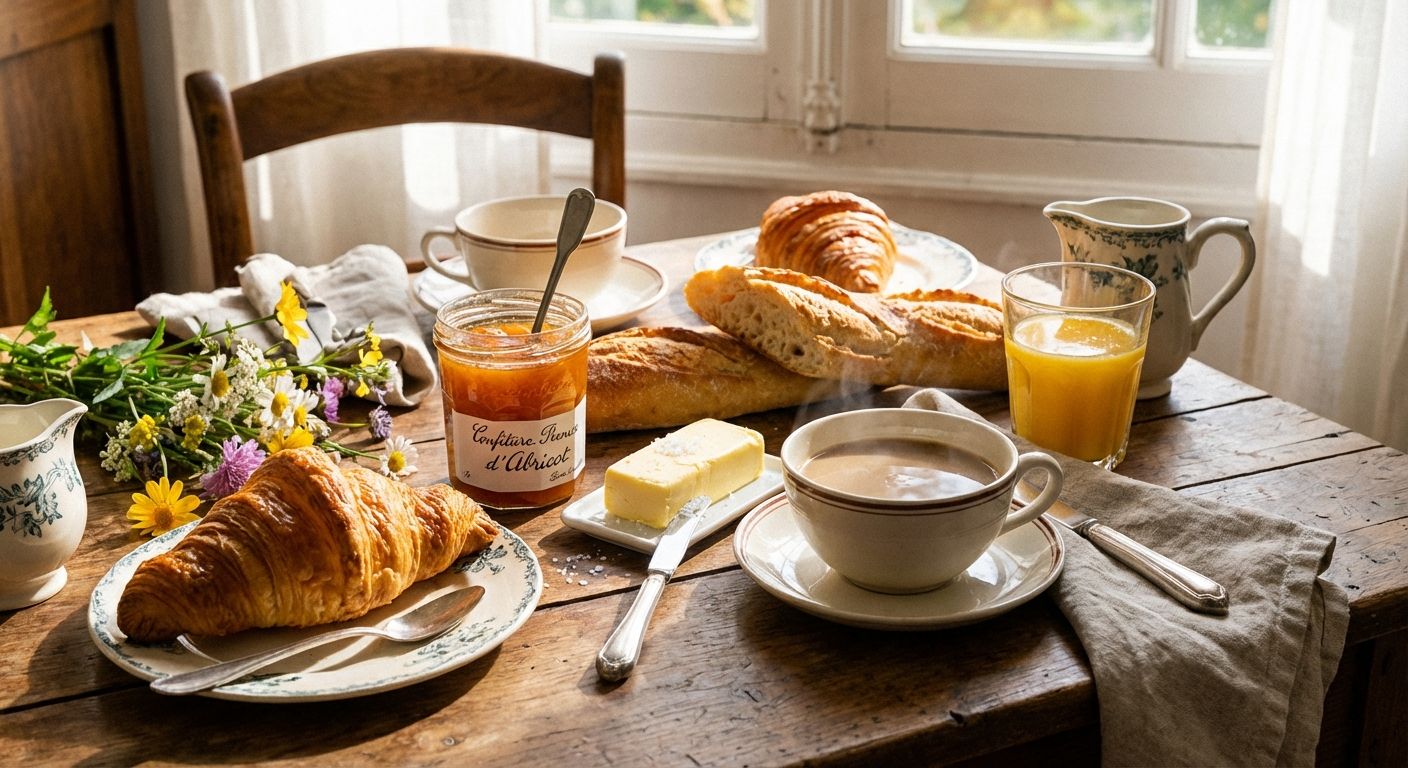 A beautifully arranged French breakfast spread on a rustic wooden table, featuring a golden croissant, a baguette, a jar of confiture, butter, a steaming cup of café au lait, and a glass of fresh jus d'orange. The scene is bathed in warm morning light, creating a cozy and inviting atmosphere.
