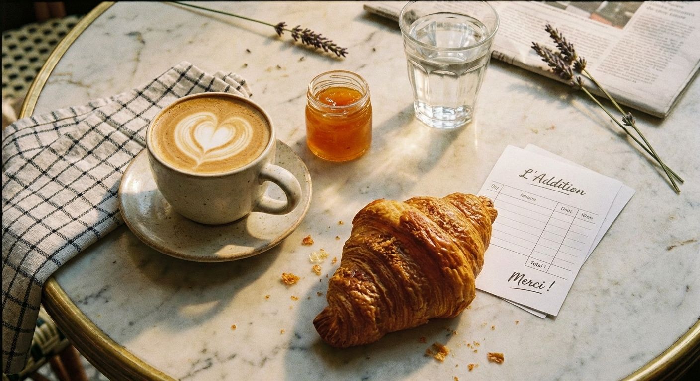A top-down photographic view of a marble-topped table in a charming French café, featuring a ceramic cup of coffee, a flaky croissant, a small jar of jam, a glass of water, and a neatly folded bill, all bathed in warm, inviting morning light.