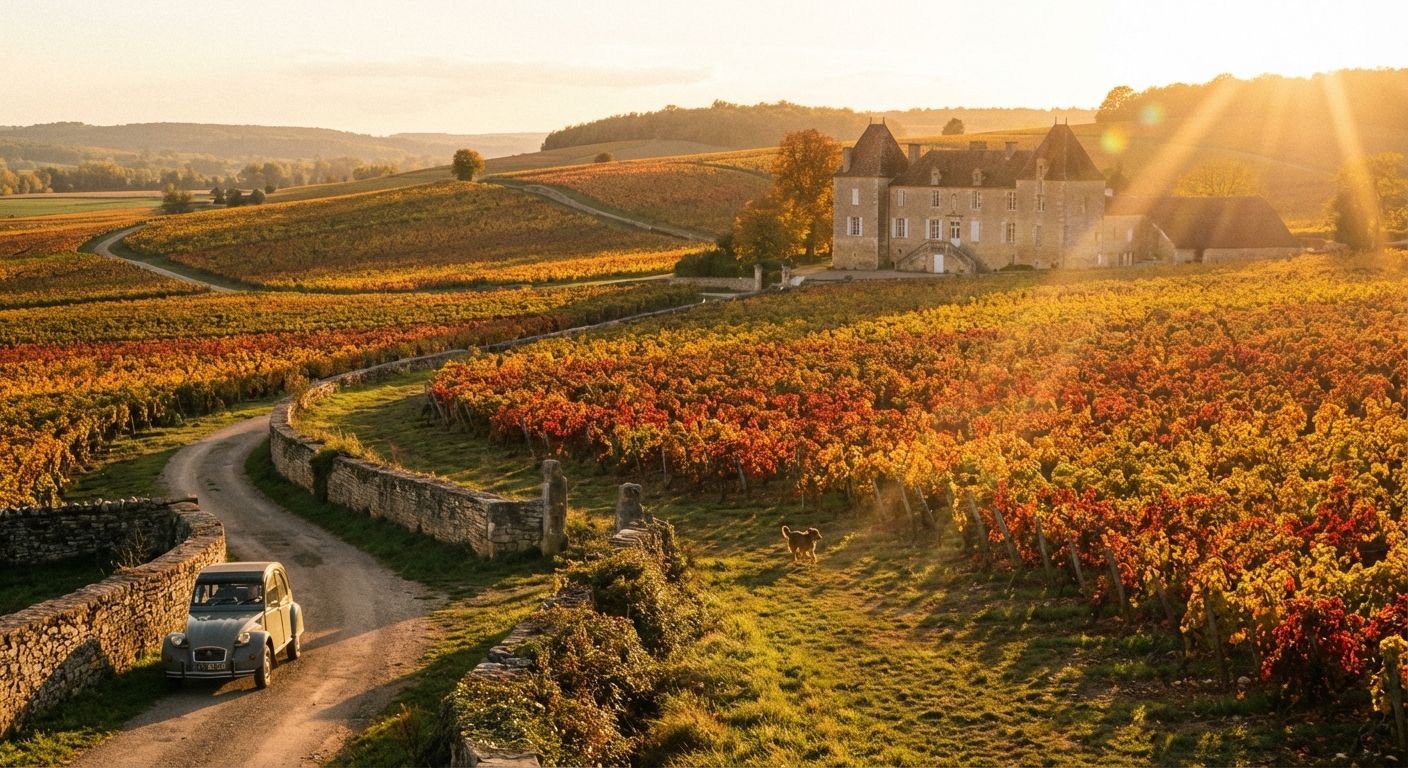A vibrant, golden hour photograph of a picturesque French vineyard in autumn, with rows of grapevines stretching into the distance and a soft, warm light illuminating the changing leaves.