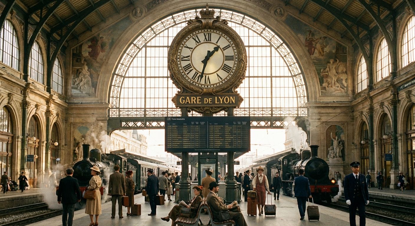 A detailed photograph inside a grand, classic French train station, like Gare de Lyon, with a large, ornate clock prominently displayed. Soft morning light streams through the arched windows, illuminating the bustling platform with travelers and the intricate details of the station's architecture, evoking the rhythm of daily schedules.