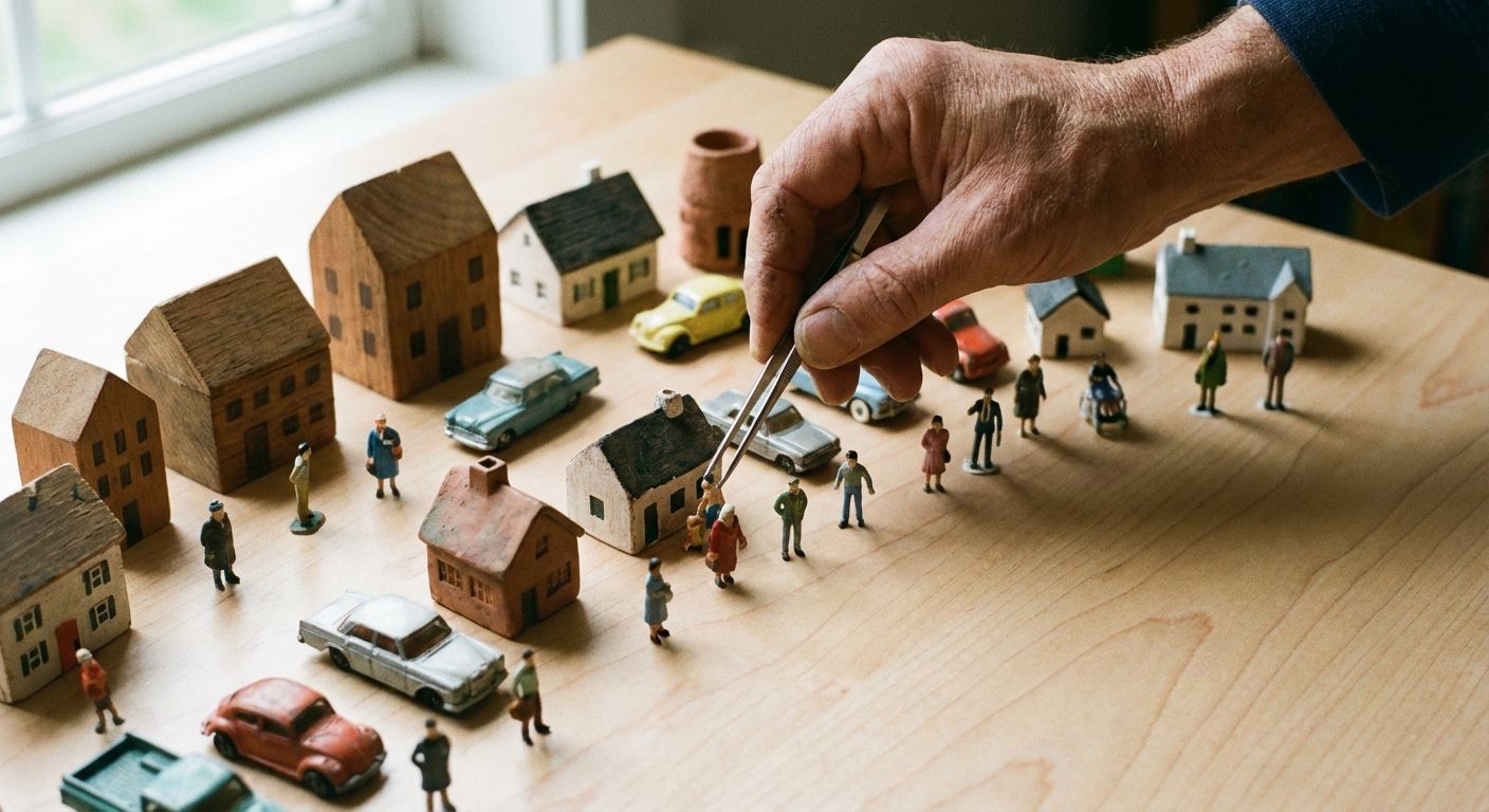 A close-up, high-angle photograph of a hand meticulously arranging a small collection of diverse miniature objects—including tiny houses, cars, and human figures—on a smooth, light-colored surface. The objects subtly vary in size, color, and form, suggesting careful selection and placement.