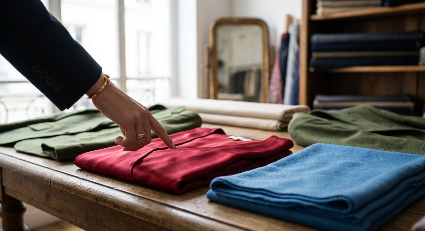 A stylish, close-up photograph inside a high-end French boutique, focusing on a carefully arranged display of colourful garments. A chic hand is elegantly pointing towards a vibrant red dress, with other items like a blue scarf and a green jacket visible in the soft, natural light.
