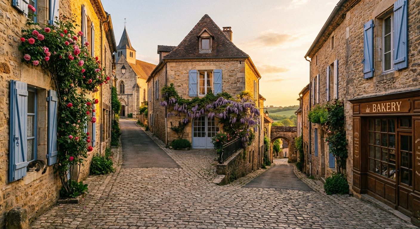 A scenic photograph of a charming, narrow cobblestone street in a French village, bathed in warm afternoon light, leading to a visible intersection where paths clearly diverge left, right, and straight ahead, inviting exploration.
