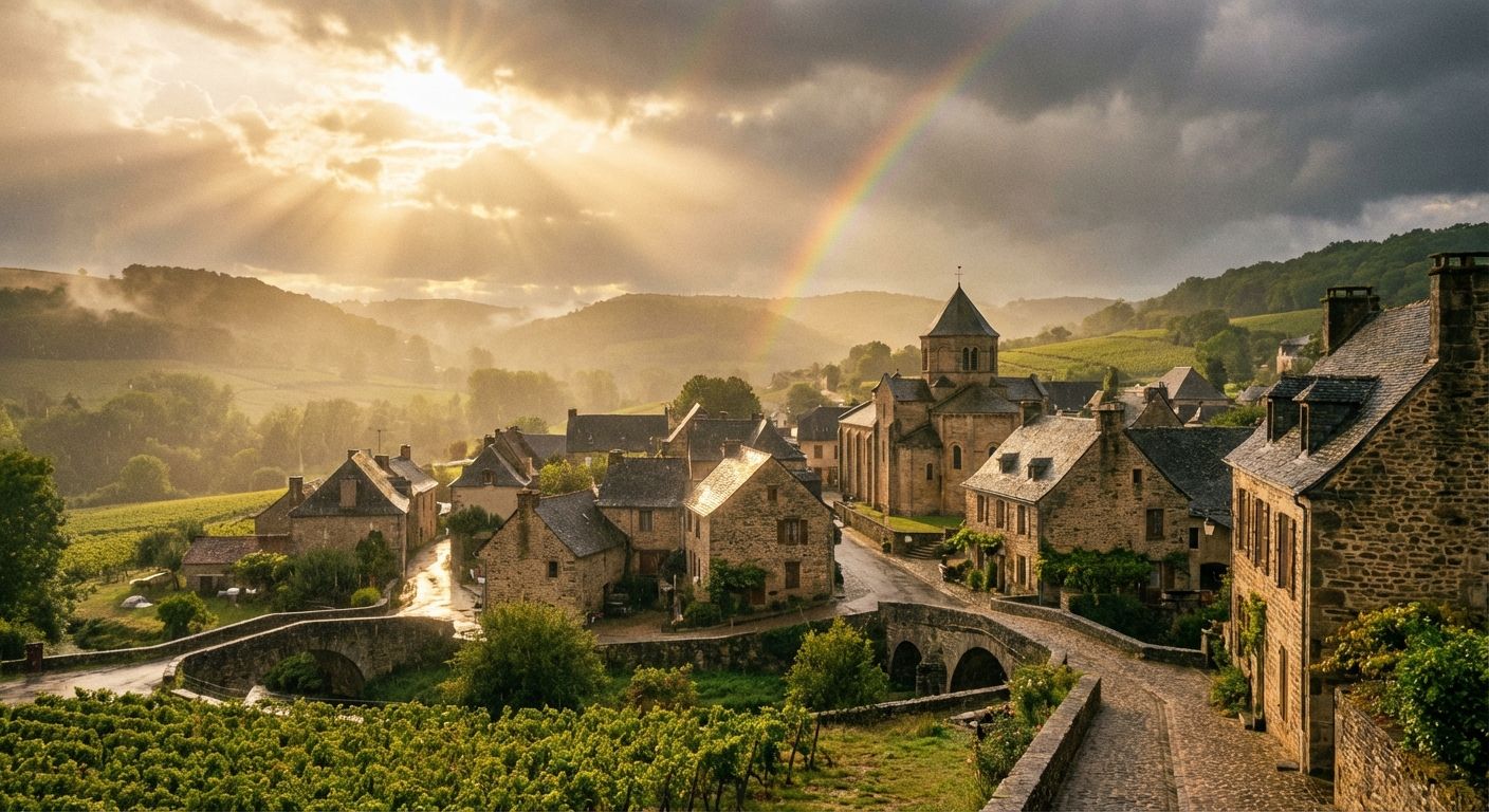 A picturesque French village nestled in rolling hills, bathed in the ethereal golden light of sunbeams breaking through a dramatic, cloudy sky after a recent rain shower. The scene is vivid and visually appealing, captured as a photograph.