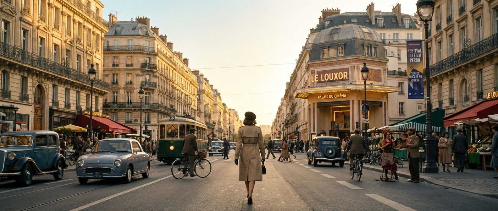 A wide shot of a classic Parisian boulevard at golden hour, with a lone figure walking purposefully towards a beautifully lit art deco cinema marquee in the distance. The scene is vibrant and full of life, hinting at a journey of discovery and cultural immersion.