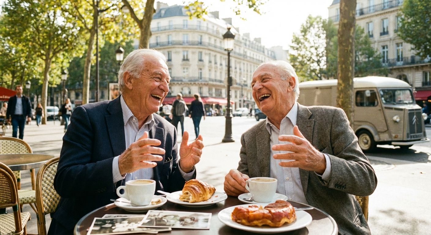A candid, sun-drenched photograph of two elderly French friends laughing and reminiscing over coffee and pastries at an outdoor cafe in Paris, with iconic Haussmann buildings in the softly blurred background. Their animated expressions suggest a shared history and lively conversation about past events.