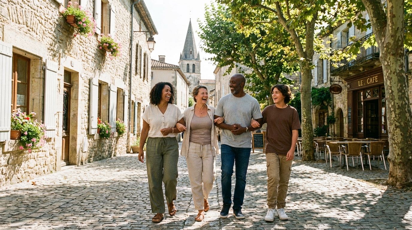 A wide-angle, candid photograph captures a diverse group of friends or a family, perhaps three to four people of varying genders, strolling arm-in-arm or in coordinated steps down a picturesque, sun-dappled cobblestone street in a charming French village, with historic buildings in the background. The mood is joyful and harmonious, evoking a sense of shared journey and connection.