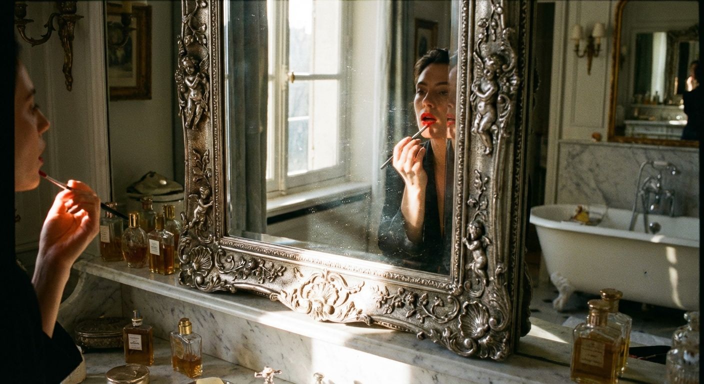 A close-up, dramatic photograph of a person's reflection in an ornate mirror, as they apply makeup or comb their hair in a sunlit, elegant Parisian bathroom, capturing the essence of a morning routine.