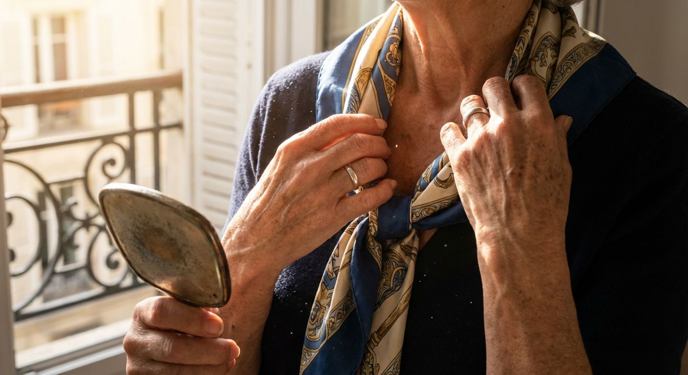 A close-up photograph of a French person's hands, in a sunlit Parisian bedroom, delicately adjusting a silk scarf around their neck in front of an antique mirror. The scene evokes a quiet morning routine and personal reflection, with soft, golden light.