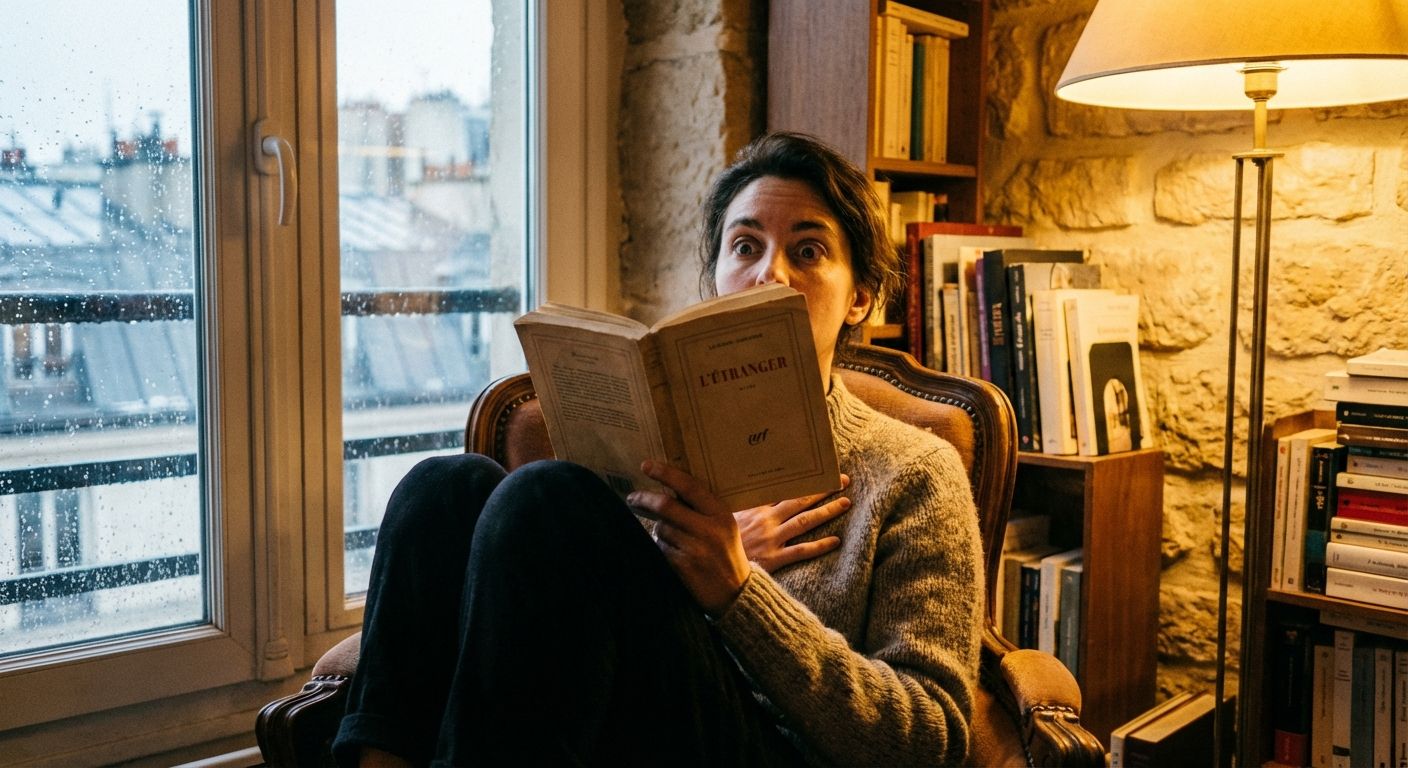 A dramatic close-up photograph of a person in a cozy, warmly lit French apartment, engrossed in reading a book. Their eyes are suddenly wide, looking up from the page, reacting to an unseen, abrupt sound or event. Through a blurred window in the background, soft snow falls over Parisian rooftops.
