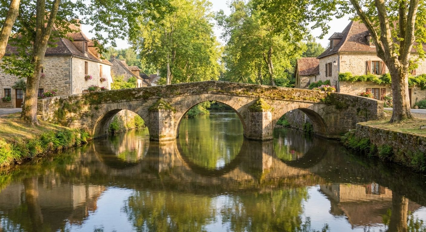 A picturesque, ancient stone bridge gracefully arching over a tranquil river in a charming French village, bathed in warm, dappled sunlight, evoking the elegant and streamlined flow of natural language.