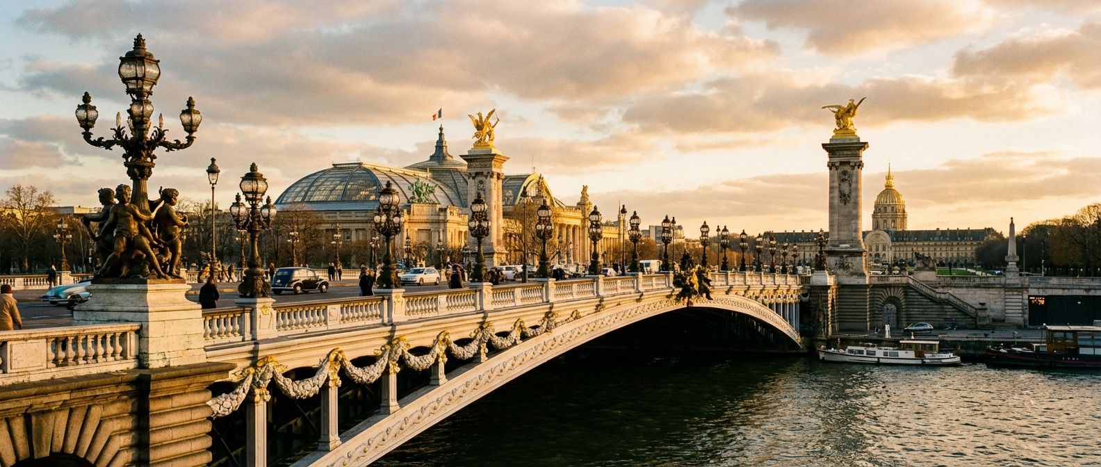 A dramatic wide-angle photograph of the ornate Pont Alexandre III bridge spanning the Seine river in Paris at golden hour, with its golden statues and lampposts glowing, elegantly connecting the two riverbanks. The scene evokes the beauty of French connections and places.