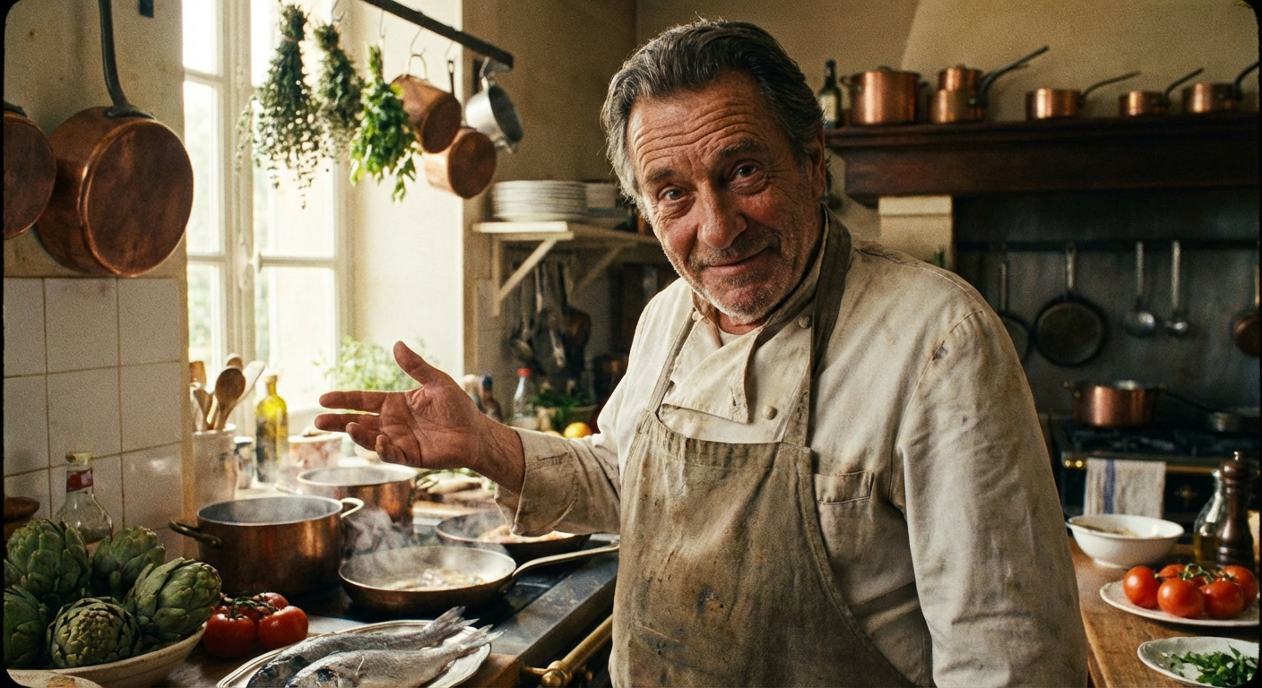 A dramatic, close-up photograph of a charismatic French chef in a bustling, sunlit rustic kitchen, looking directly at the camera with an encouraging expression, while gesturing confidently with one hand as if giving a clear instruction or suggestion. Fresh ingredients and traditional copper pots are visible in the background, bathed in warm, natural light.