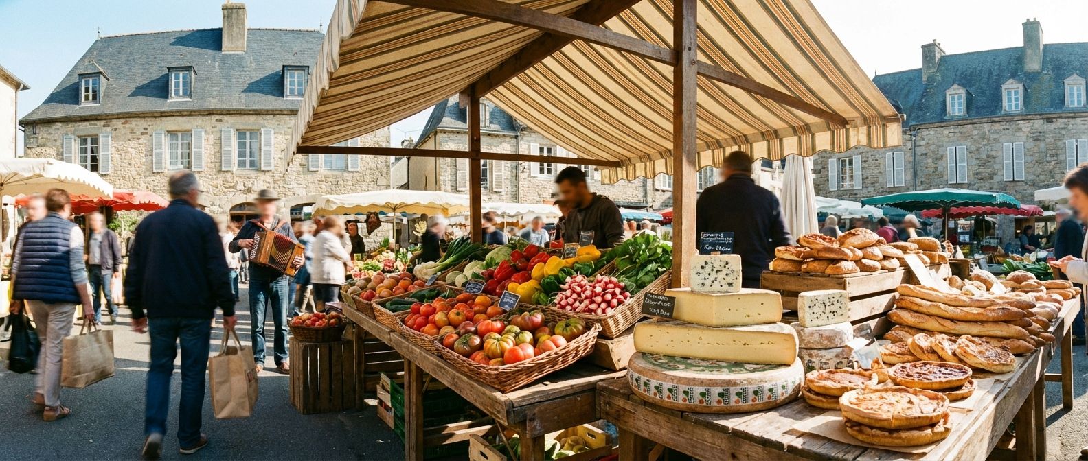 A vibrant, wide-angle photograph capturing the lively atmosphere of a traditional French outdoor market. Focus on a colorful display of fresh, artisanal produce, cheeses, and baked goods on a rustic stall, with blurred figures of shoppers and historic French architecture in the background, bathed in warm, natural sunlight.