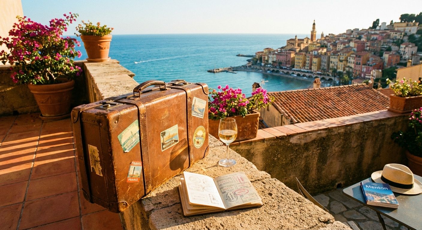 A vintage leather suitcase and an open passport rest on a sun-drenched stone balcony, overlooking the vibrant blue Mediterranean sea and a picturesque French coastal town during golden hour. The scene is bathed in warm, inviting light, evoking a sense of travel and leisure.