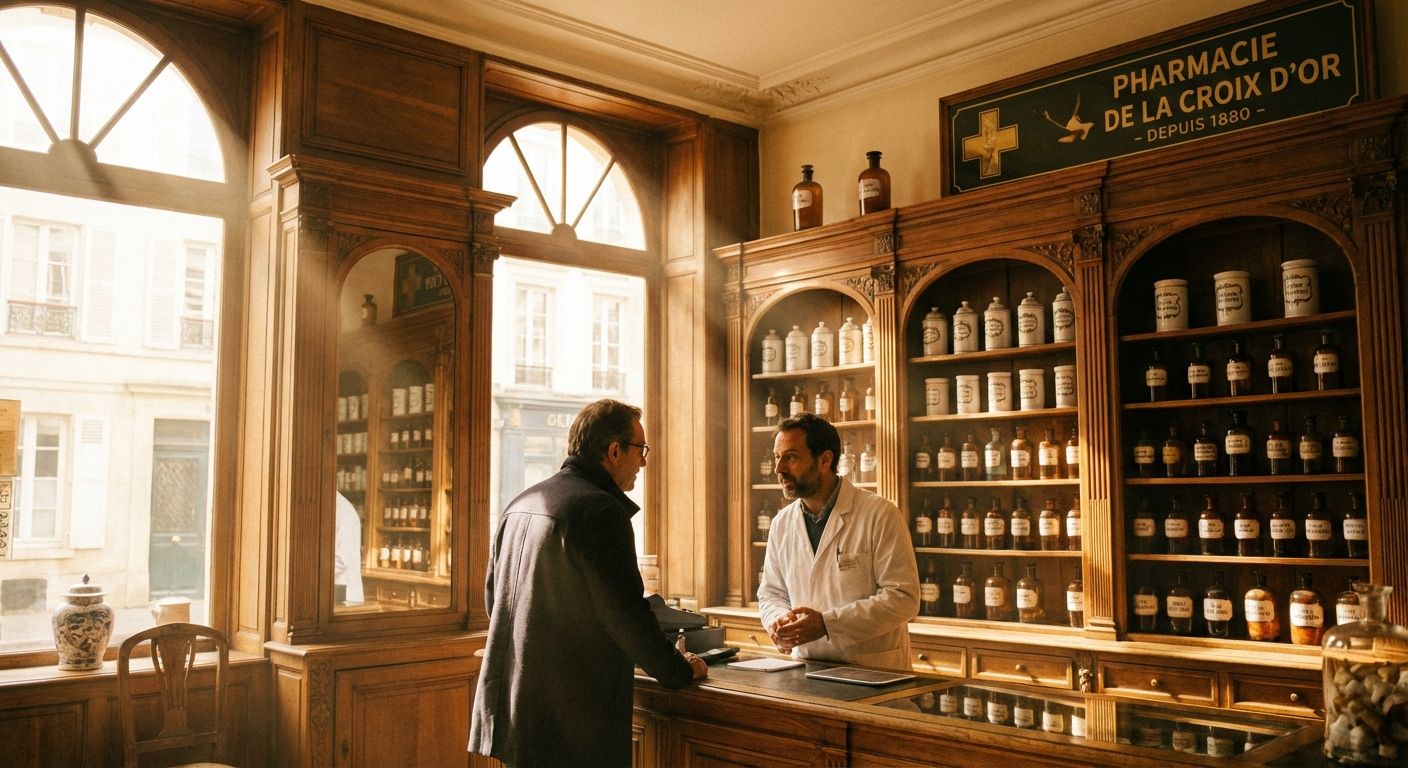 A dramatic, warm-toned photograph of a classic, ornate French pharmacy interior. Sunlight filters through large windows, highlighting detailed wooden cabinetry, rows of old glass bottles, and a pharmacist in a white coat attentively speaking to a customer. The scene evokes a sense of tradition, care, and seeking wellness.