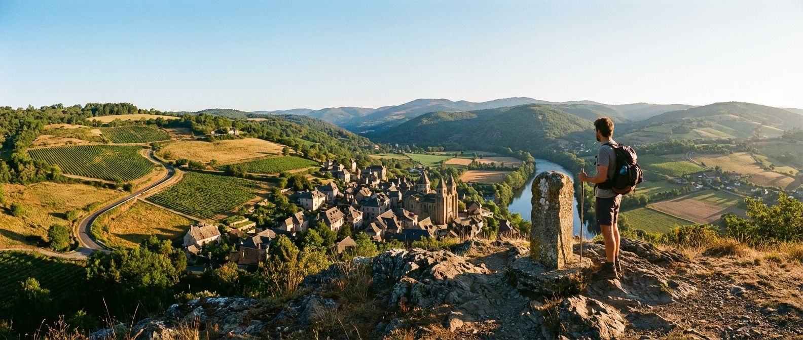 A dramatic wide-angle photograph from a hilltop overlooking a picturesque medieval French village, with a winding river and vineyards stretching into the distance under a clear morning sky. The scene evokes a sense of comprehensive understanding and a journey completed.