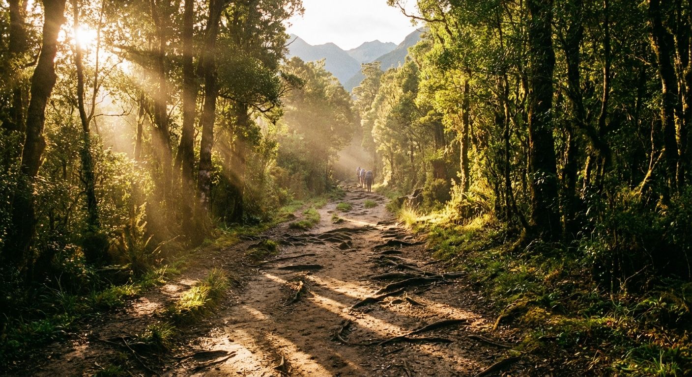 A single, well-worn hiking path stretching into the distance through a vibrant green forest, bathed in warm morning light, evoking a sense of consistent progress and an exciting journey ahead. Photograph.