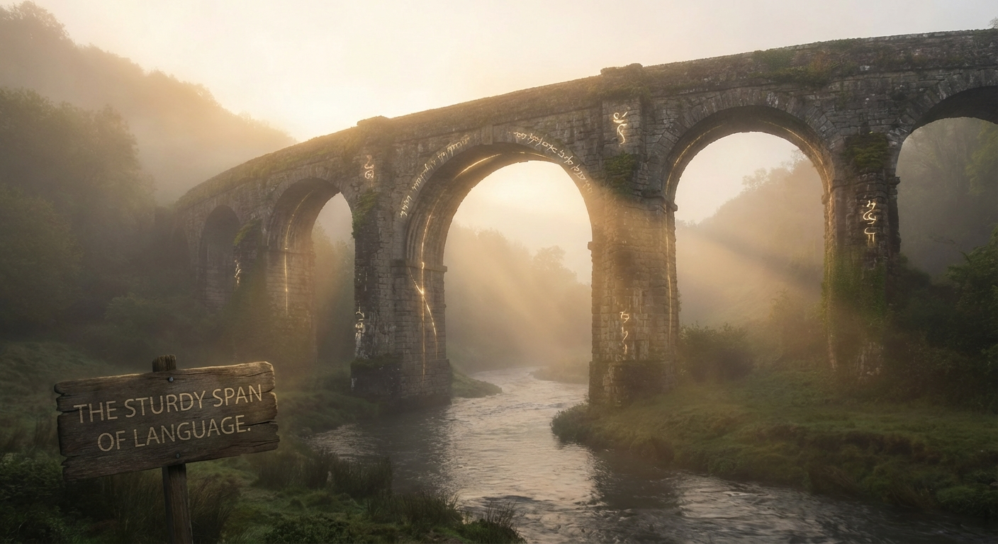 A scenic, old stone bridge spans a river in a misty valley at sunrise, with warm light rays breaking through the fog, symbolizing the intricate connections and robust structure of advanced language.