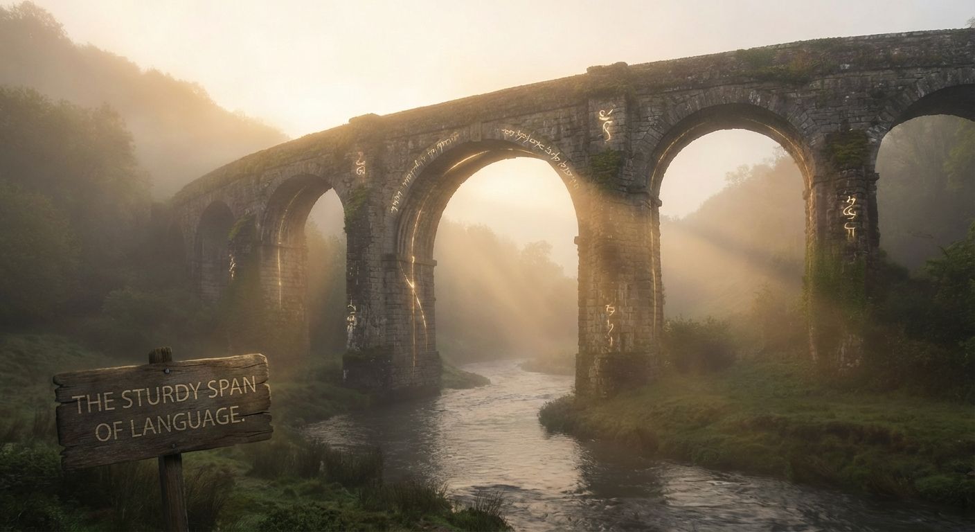 A scenic, old stone bridge spans a river in a misty valley at sunrise, with warm light rays breaking through the fog, symbolizing the intricate connections and robust structure of advanced language.