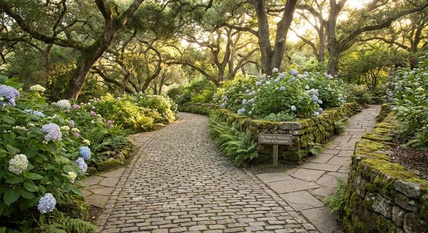A serene photograph of a well-maintained, winding cobblestone path in a lush garden. Delicate, distinct side paths gracefully branch off and then seamlessly rejoin the main route, creating an intricate network under soft, dappled sunlight, symbolizing how clauses add descriptive detail and complexity to a core idea.