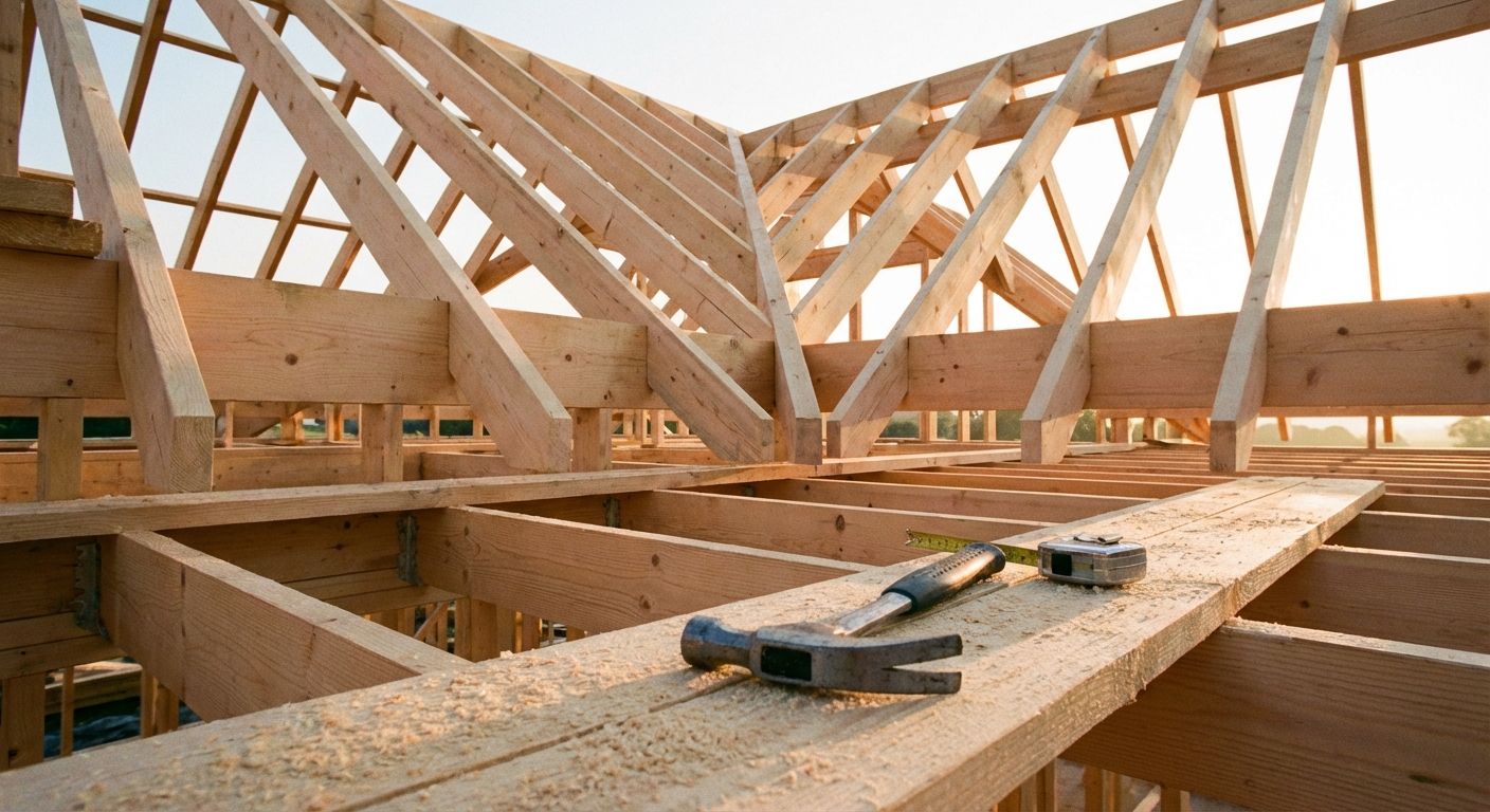 A close-up, low-angle photograph of a newly constructed wooden framework of a house, bathed in soft morning light. Construction tools like a hammer and measuring tape rest on a nearby plank, but no workers are visible, emphasizing the structure itself.