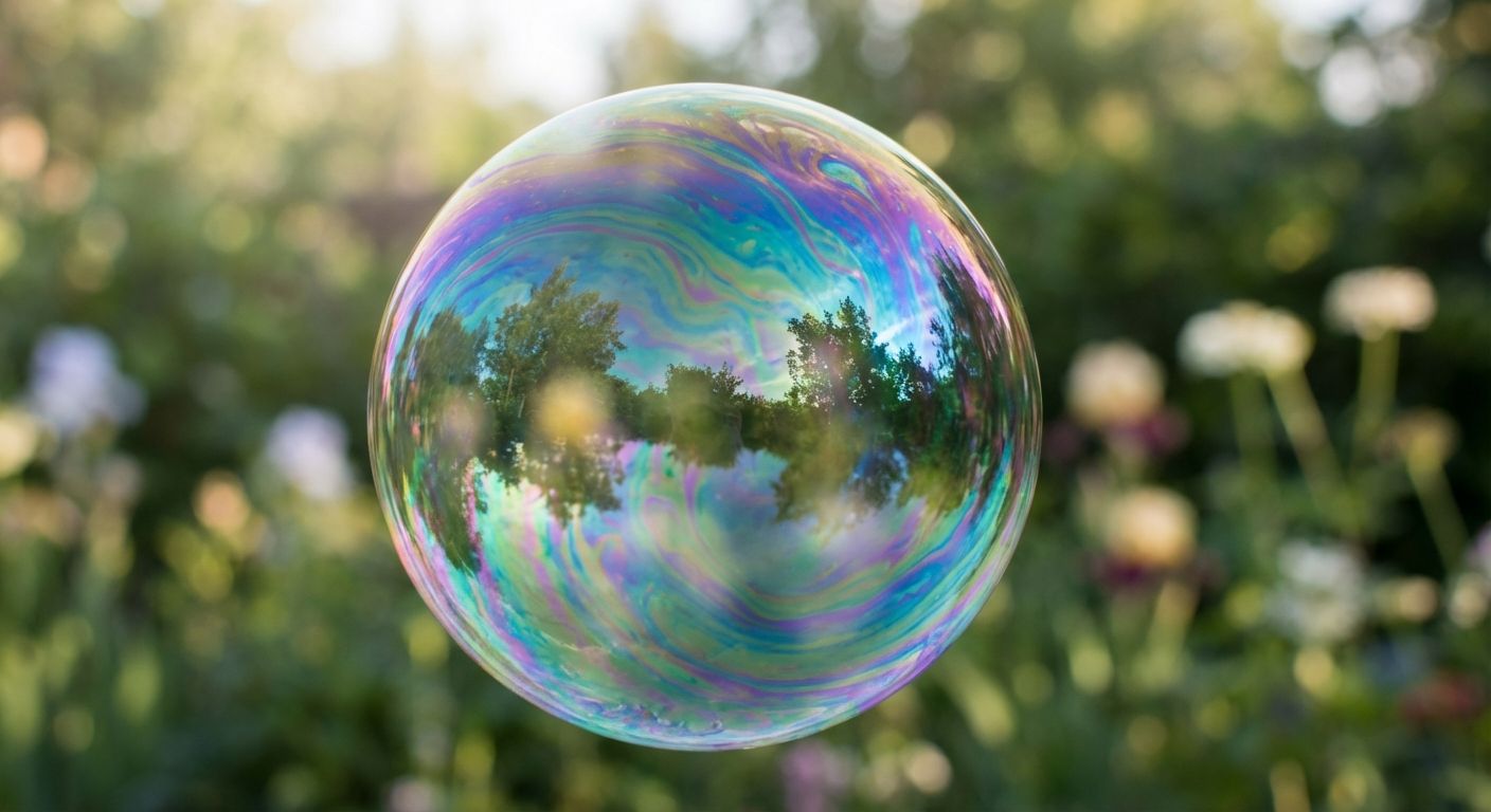 A close-up, macro photograph of a large, iridescent soap bubble, gently floating against a softly blurred background. The bubble's delicate surface reflects a slightly distorted, dreamlike version of its surroundings, shimmering with ephemeral colors and hinting at a world of possibilities.