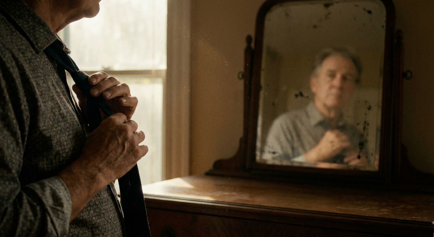 A candid, cinematic photograph of a person's hands meticulously buttoning a shirt or adjusting a tie, with their reflection slightly visible in a softly lit mirror. The image captures a moment of quiet self-attention and precise connection.