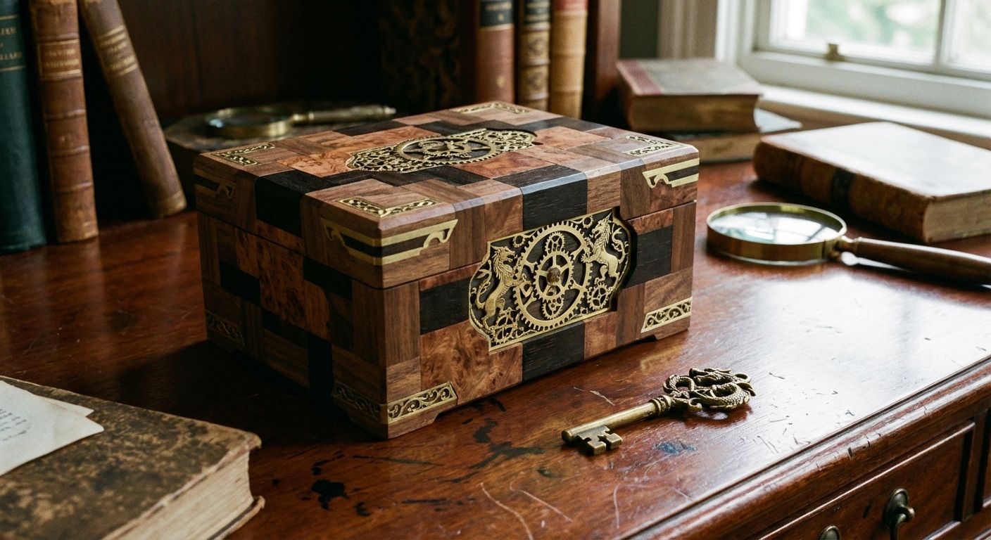 A meticulously crafted wooden puzzle box with intricate, interlocking pieces, resting on a polished antique desk. An elegant brass key lies beside it, suggesting a hidden mechanism or the concept of possession within.