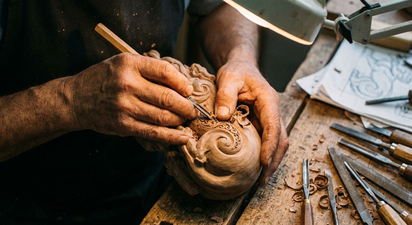 A close-up, high-detail photograph of a master woodcarver's hands meticulously adding intricate, delicate patterns and fine details to a beautiful, unfinished wooden sculpture. The scene is lit by warm, focused light, highlighting the precision and skill involved in shaping the material.