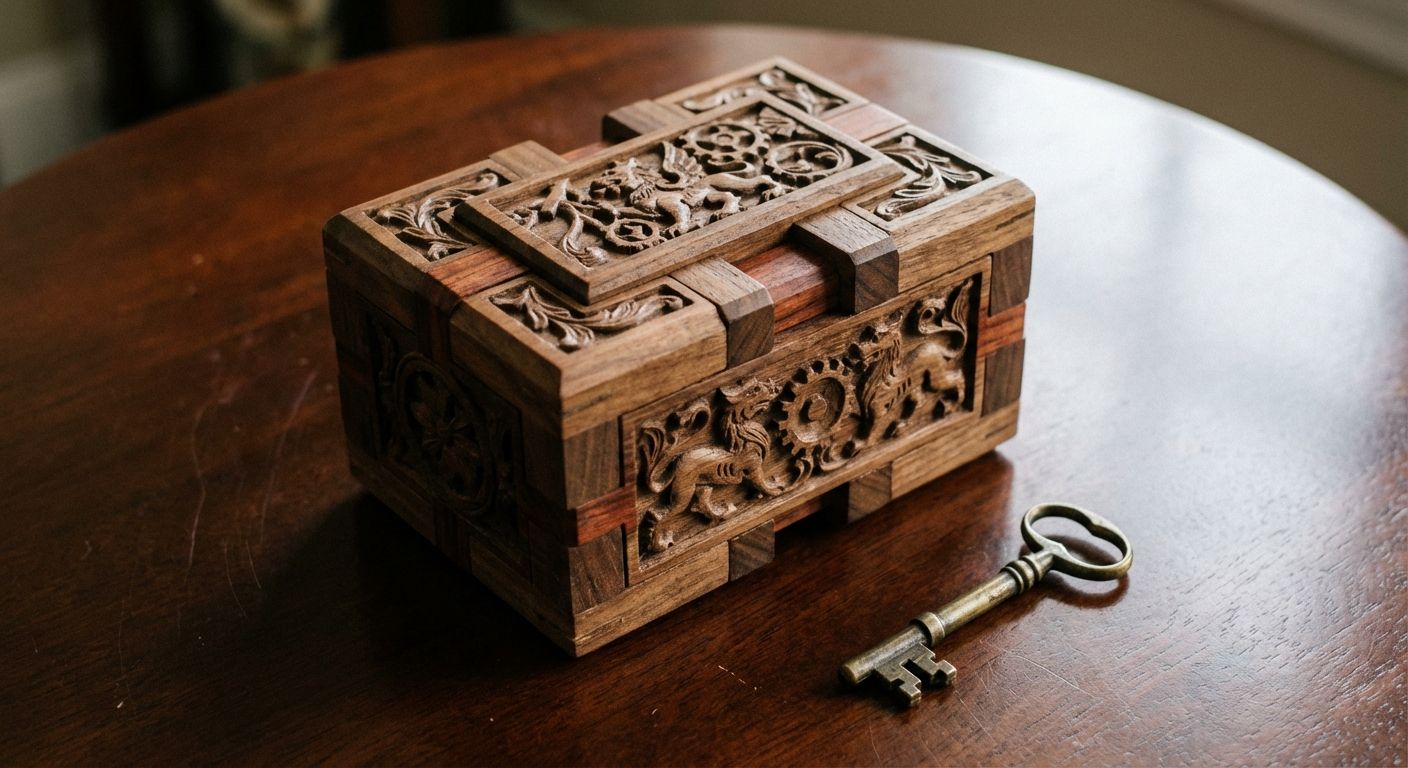 A close-up, high-angle photograph of an intricately carved wooden puzzle box with various interlocking pieces, resting on a polished dark wood table. Soft, directional light highlights the detailed craftsmanship, and a single antique brass key is deliberately placed beside the box, suggesting hidden mechanisms and deliberate arrangements.