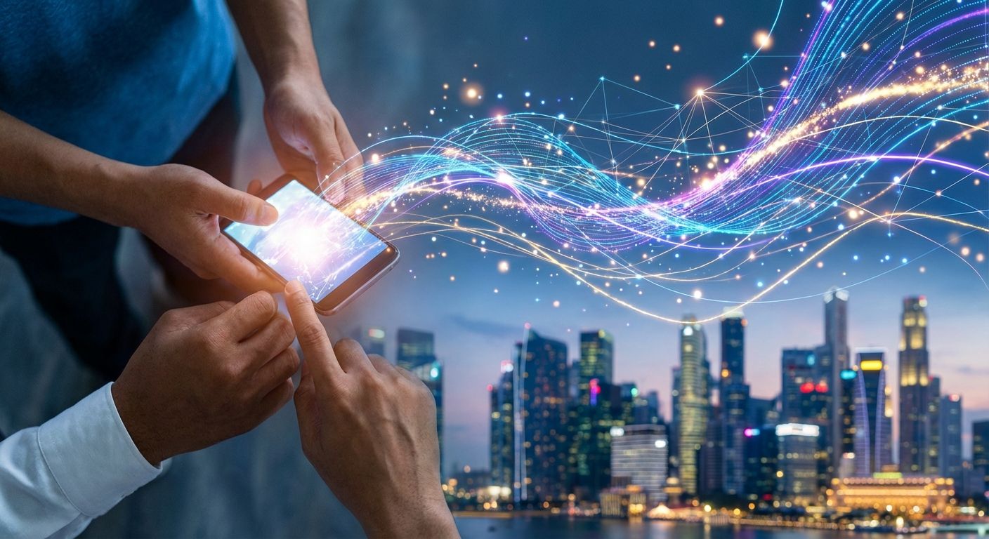 A vibrant, high-angle photograph of hands holding a smartphone, with luminous, abstract data streams and network lines emanating from the screen. The background is a softly blurred, modern city skyline at dusk, emphasizing global communication and digital connectivity.