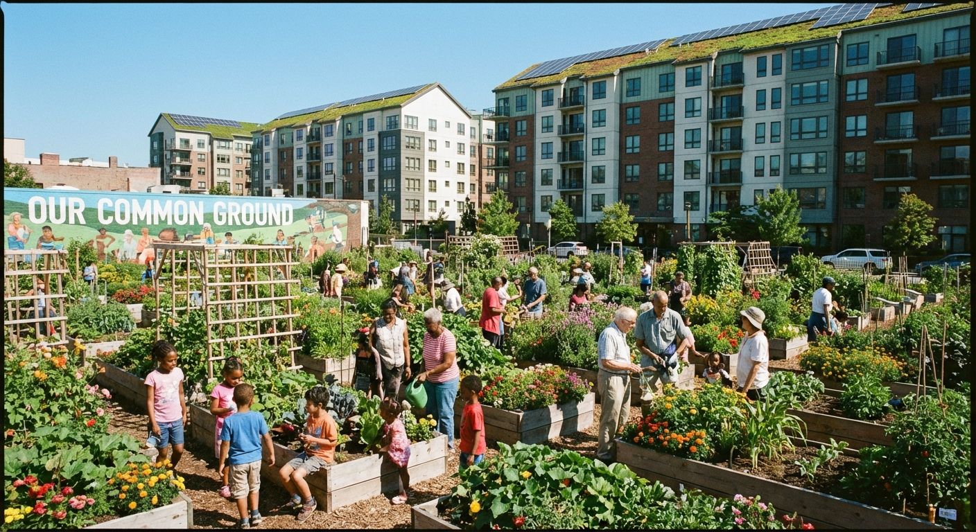 A vibrant community garden in an urban setting, with diverse people of various ages tending to plants and interacting. In the background, modern buildings with green roofs or solar panels are visible under a clear, optimistic sky, conveying a sense of sustainability and community.